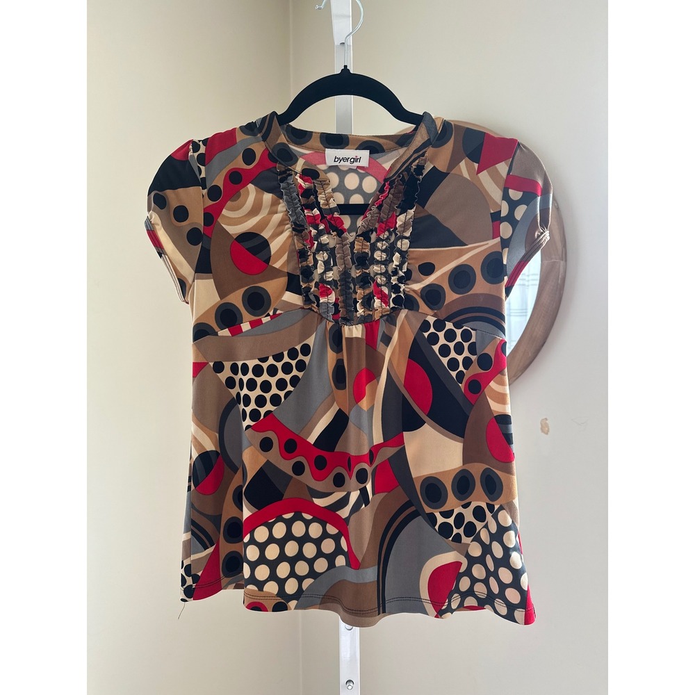 Byer Girl Women XL Red Brown Geometric Polka Dot Ruffle V-Neck Y2K, Retro